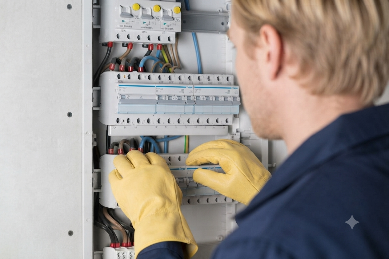 Elektriker arbeitet am Sicherungskasten