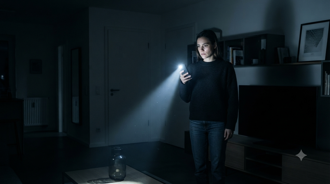 Frau bei Stromausfall mit Taschenlampe